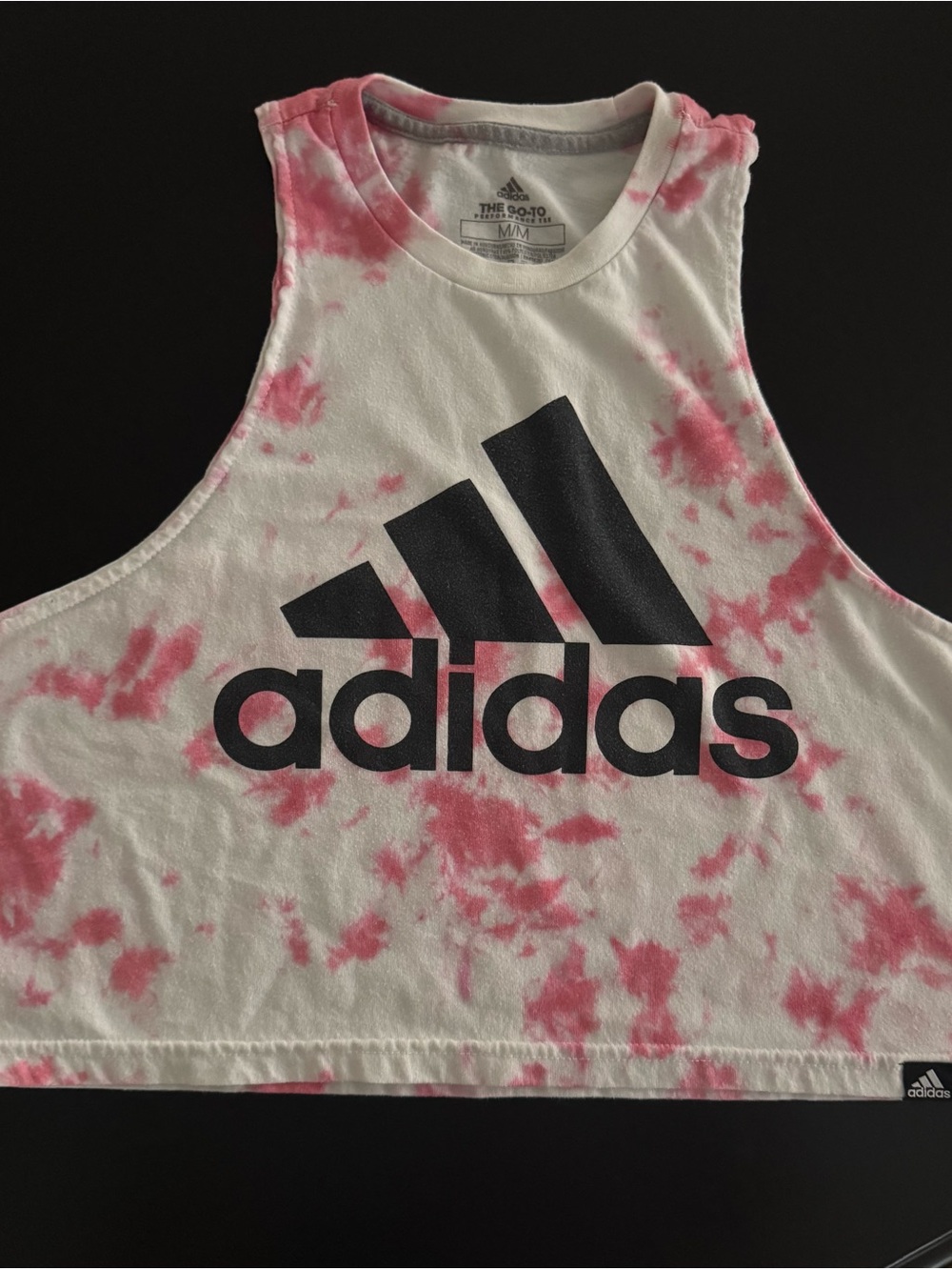 Adidas White & Pink Tie-Dye Cropped Tank with Black Logo